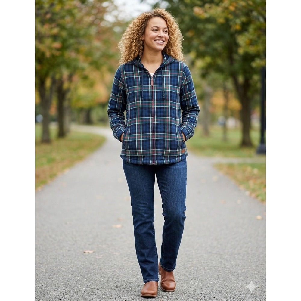 L.L. Bean Full Zip Flannel Hoodie Womens XL Blue Plaid Excellent